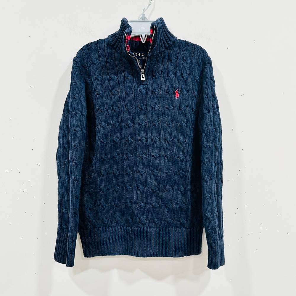 Kid's Polo Ralph Lauren Navy 100%‎ Cotton Cable Knit Quarter Zip Sweater S(8)